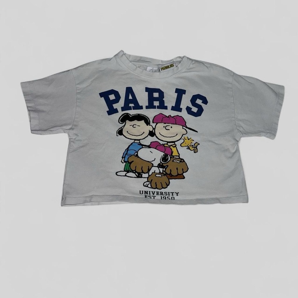 Zara White Short Sleeve Tee with Blue 'PARIS' and Multicolor Peanuts Graphic